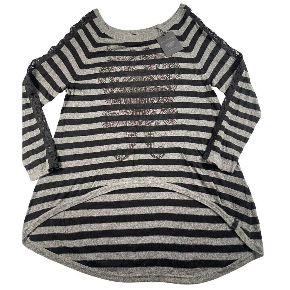 Harley Davidson Sweater Womens 2XL Gray Black Stripe Lace Trim High Low Tunic - Picture 10 of 10